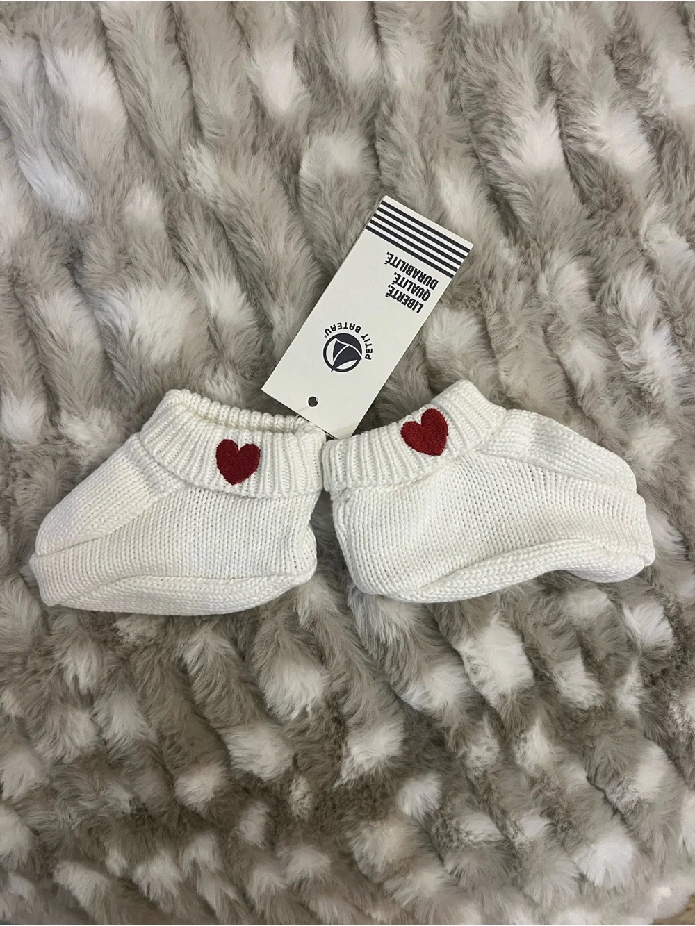 NWT Petit Bateau White Baby Knit Booties with Red Heart